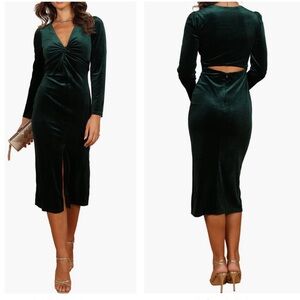 Petal + Pup Lisse Twist Front Long Sleeve Velvet Midi Dress Emerald Green Large